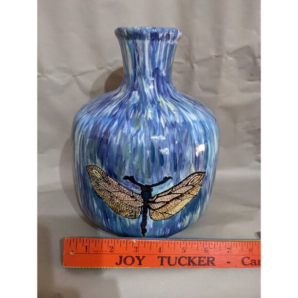 Studio Pottery Vase Dragonfly Blue 9"x7" Drip Glaze Signed Helga Farmhouse Decor - Picture 8 of 9